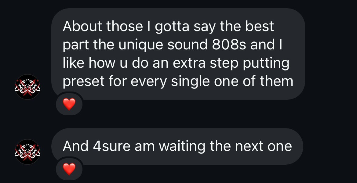 Producer feedback message about jsewellbeats drum kits