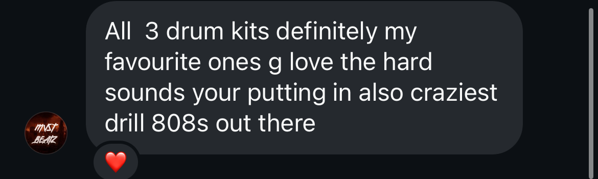 Producer feedback message about jsewellbeats drum kits